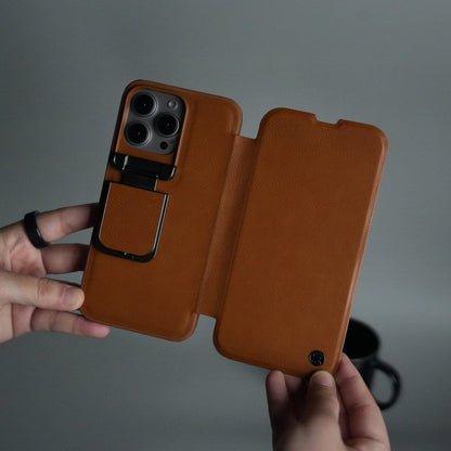 iPhone 15 Series Flip Case With Metal Camera Stand