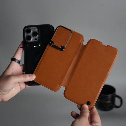 iPhone 15 Series Flip Case With Metal Camera Stand