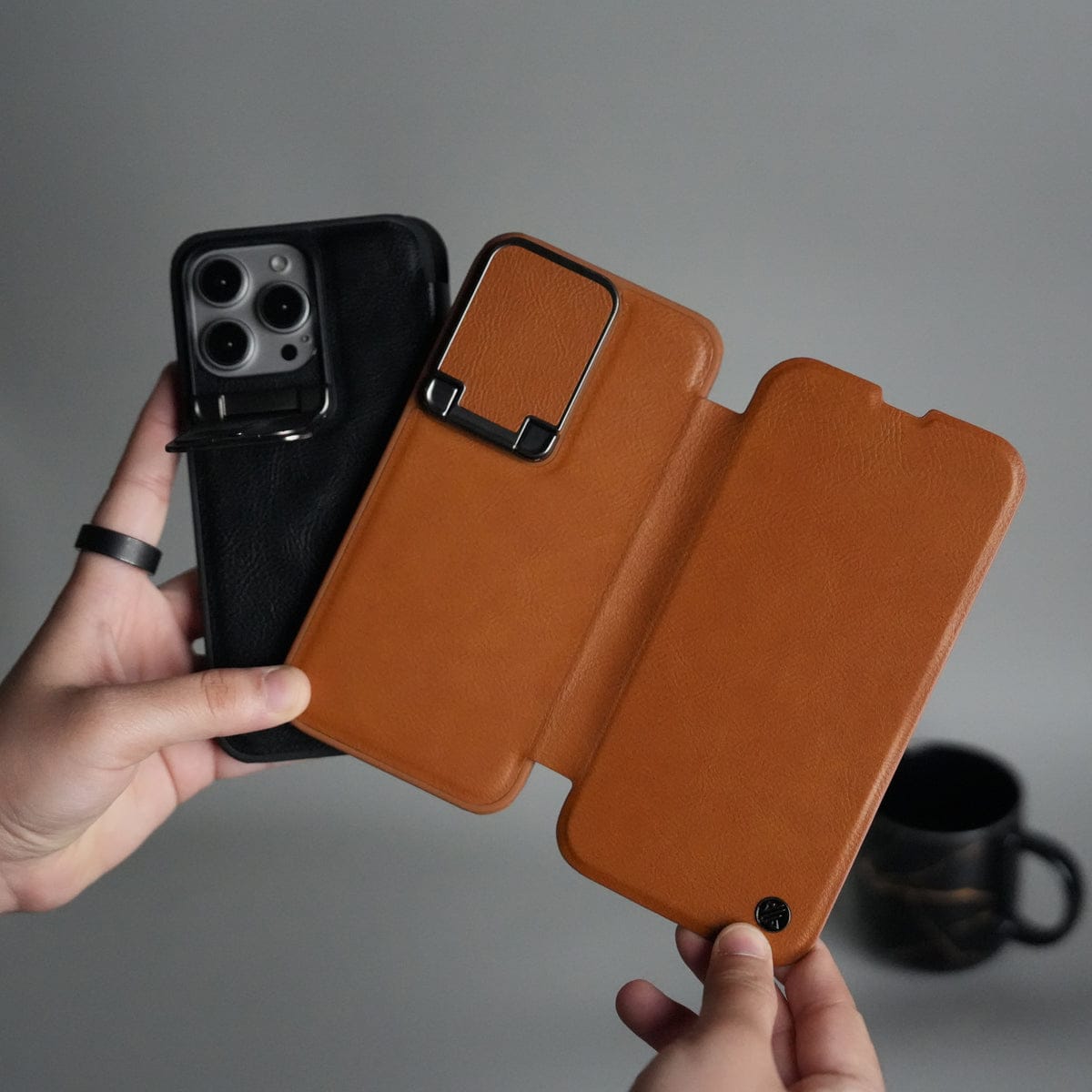 iPhone 15 Series Flip Case With Metal Camera Stand