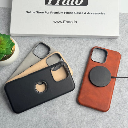 iPhone 16 Series Textured PU Leather Logo Cut MagSafe Case Cover