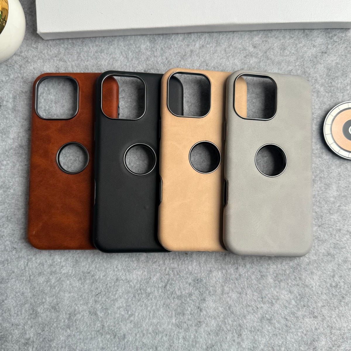 iPhone 16 Series Textured PU Leather Logo Cut MagSafe Case Cover