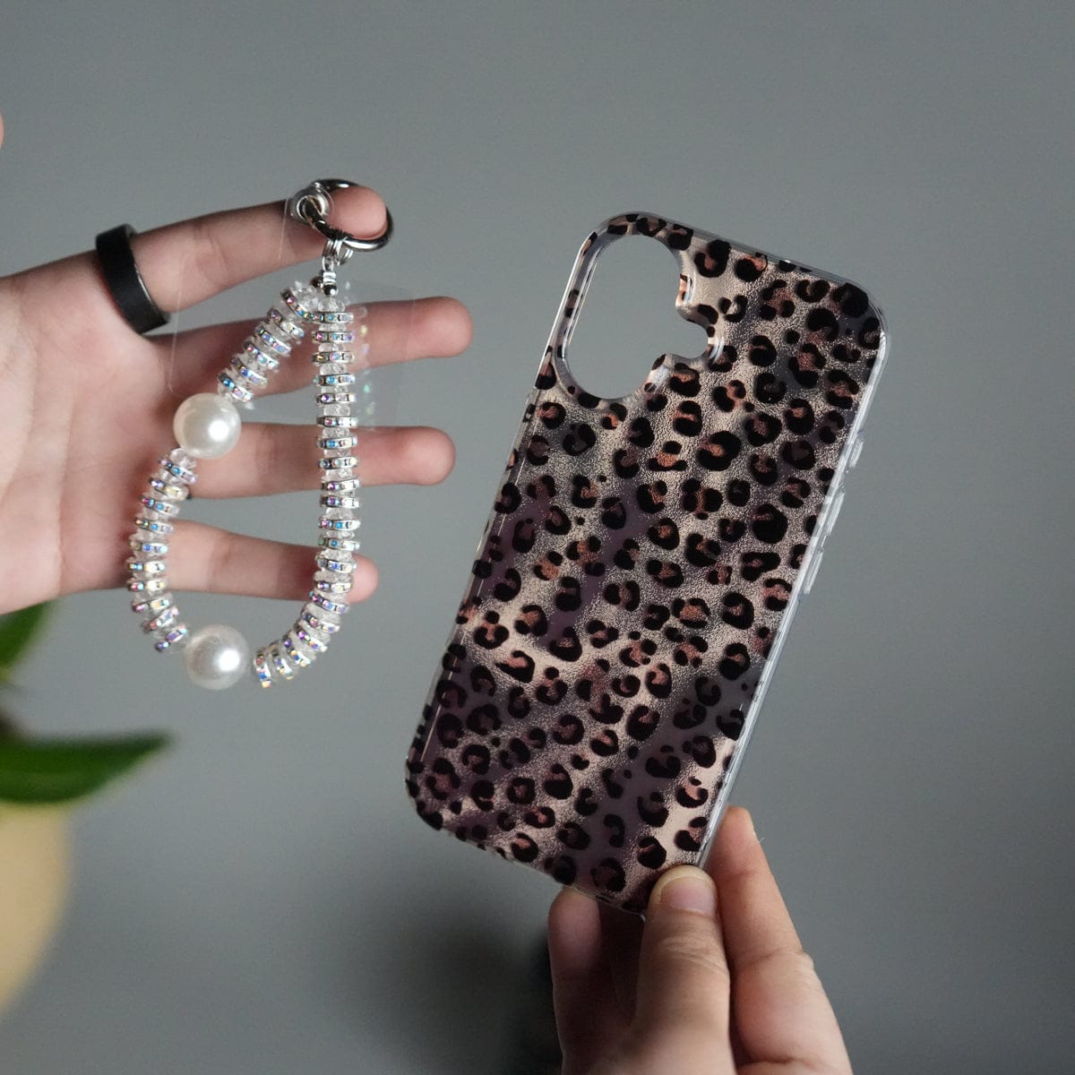 iPhone 16 Series Leopard Print Case with Beaded Wrist Strap | Cute Transparent Designer Cover