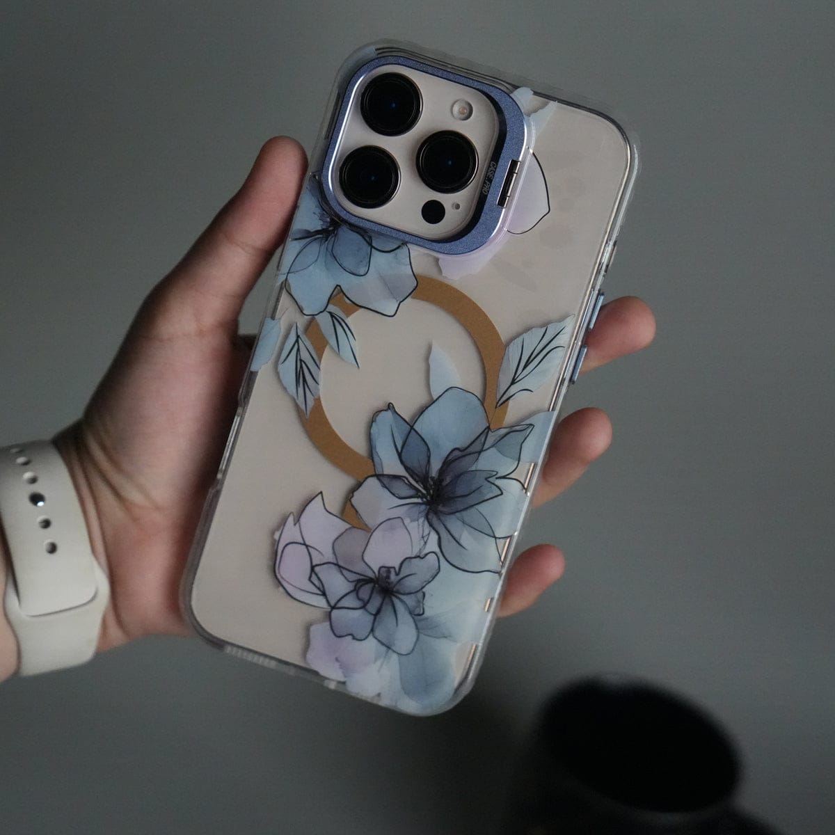 iPhone 16 Pro FloraCrystal Clear Floral Design Case with Color Metal Camera Stand Frame