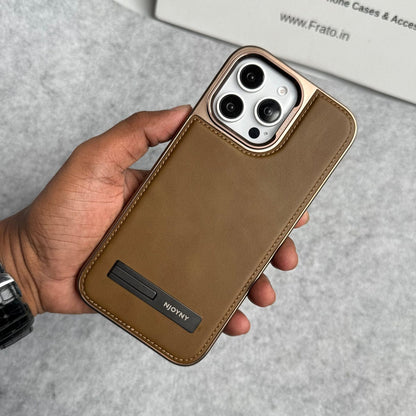 iPhone 16 Series Leather Mate Chrome Plated Kick Stand Case Cover
