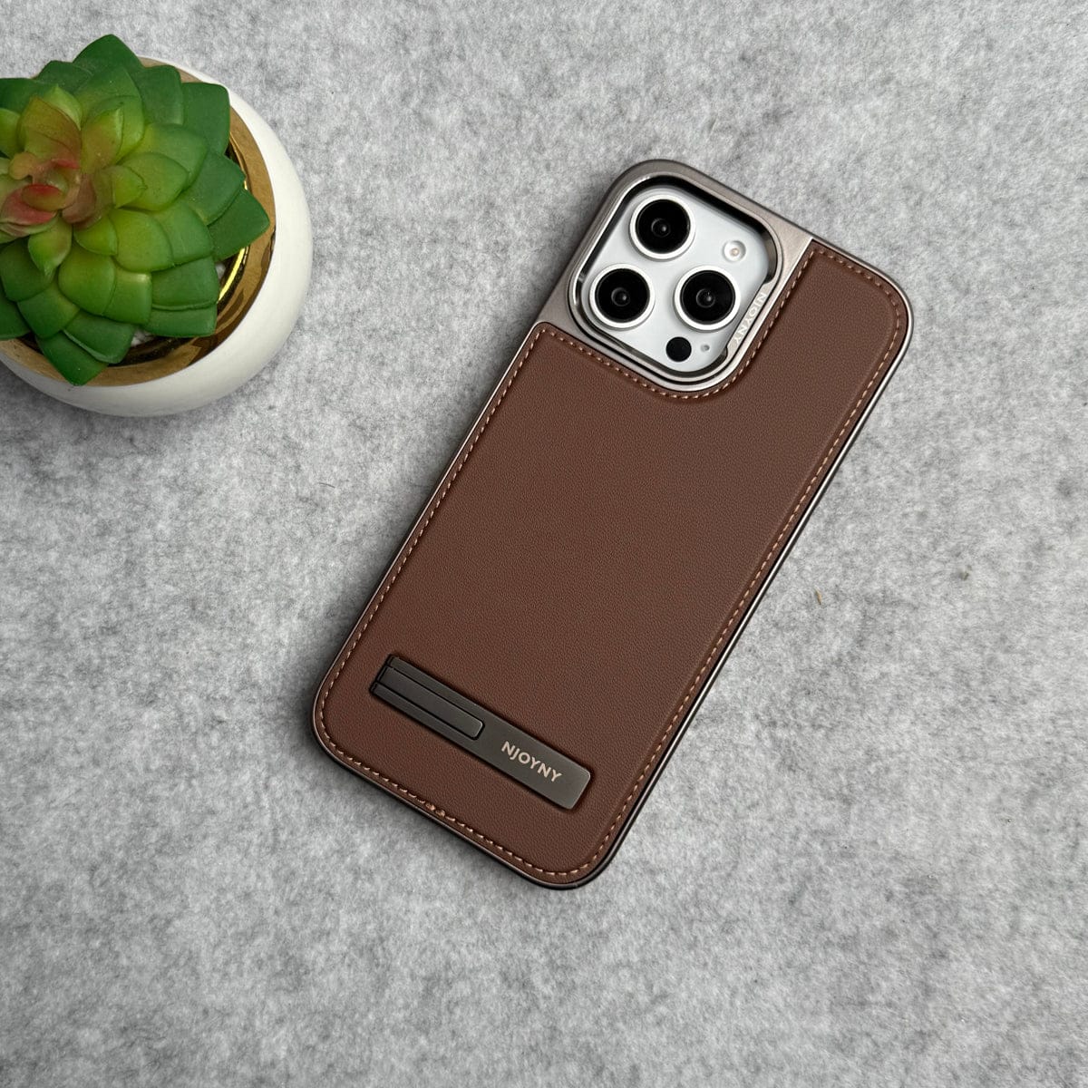 iPhone 16 Series Leather Mate Chrome Plated Kick Stand Case Cover