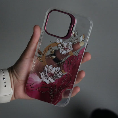 iPhone 16 Pro FloraCrystal Clear Floral Design Case with Color Metal Camera Stand Frame