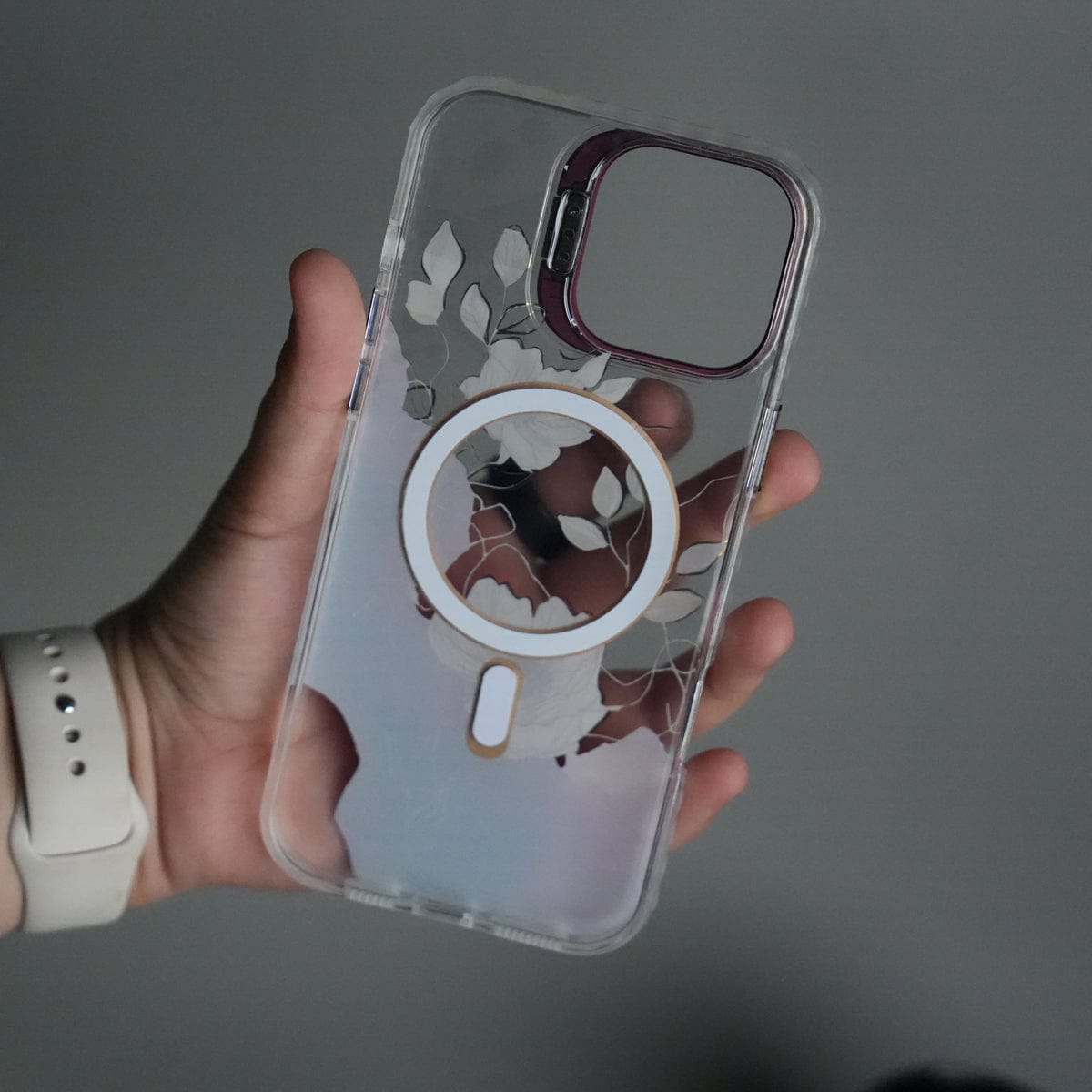 iPhone 16 Pro FloraCrystal Clear Floral Design Case with Color Metal Camera Stand Frame