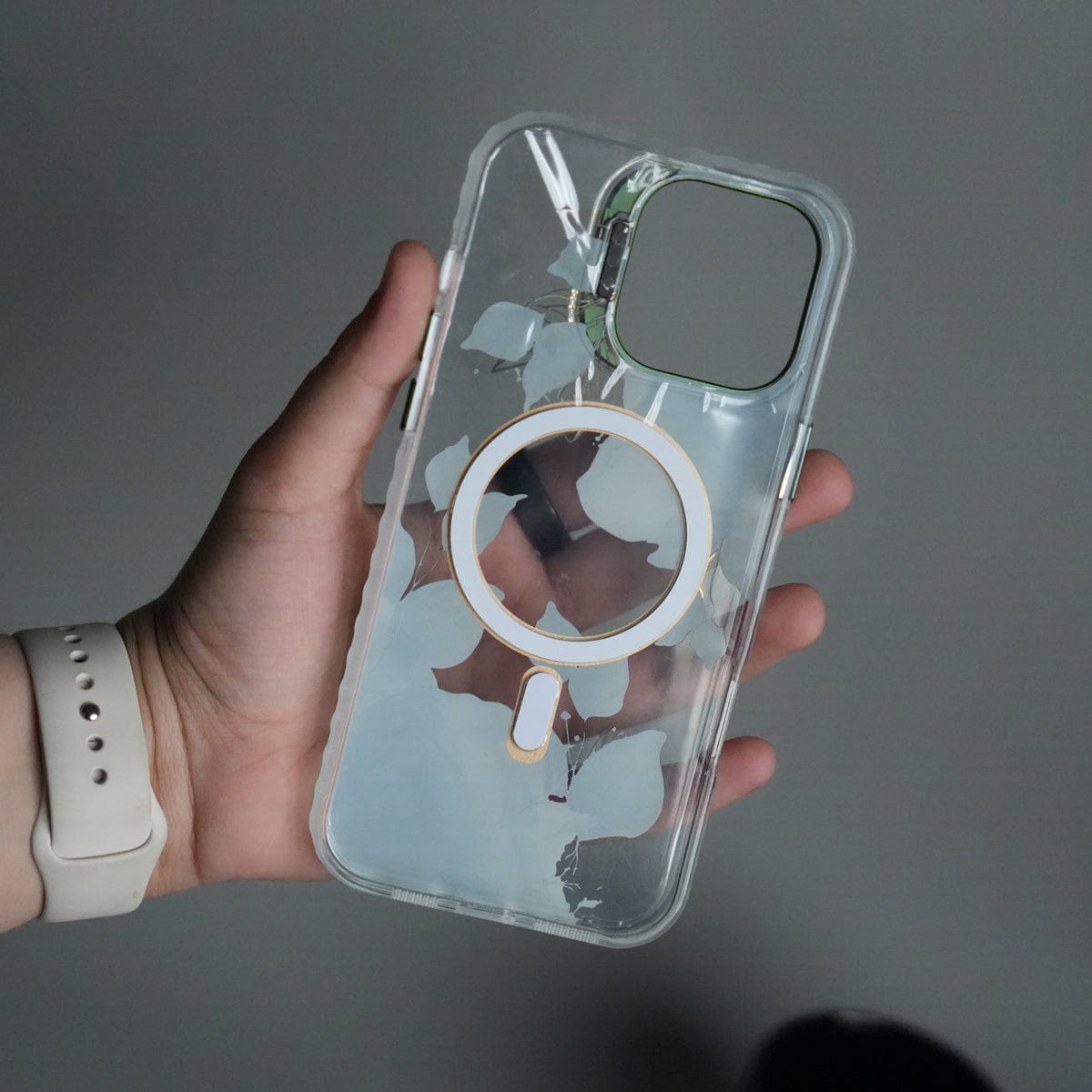 iPhone 16 Pro Max FloraCrystal Clear Floral Design Case with Color Metal Camera Stand Frame