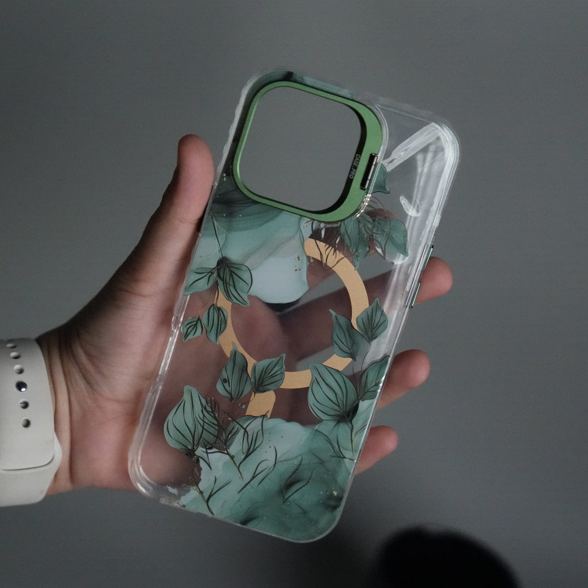 iPhone 15 Pro Max FloraCrystal Clear Floral Design Case with Color Metal Camera Stand Frame