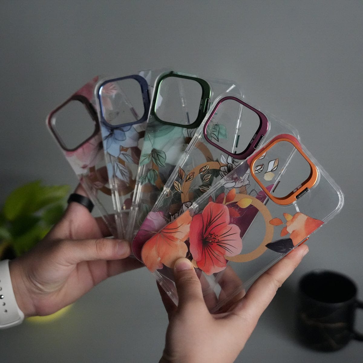 iPhone 16 Pro FloraCrystal Clear Floral Design Case with Color Metal Camera Stand Frame