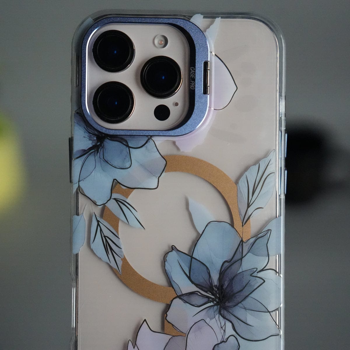 iPhone 16 Pro FloraCrystal Clear Floral Design Case with Color Metal Camera Stand Frame