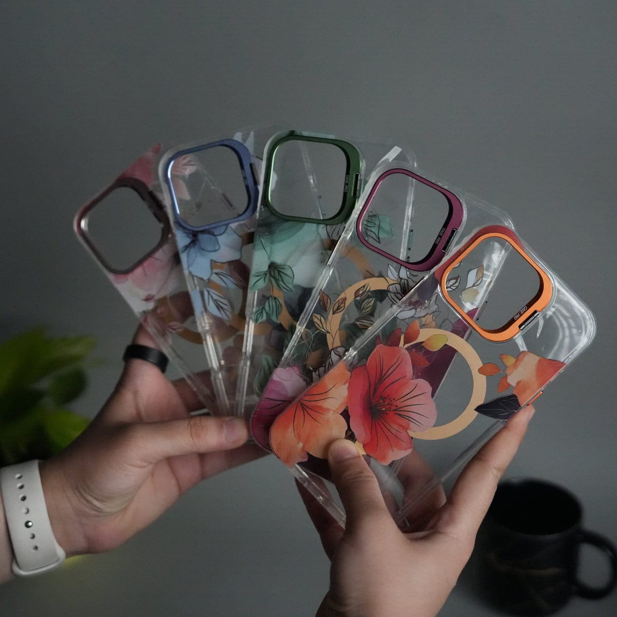 iPhone 16 Pro Max FloraCrystal Clear Floral Design Case with Color Metal Camera Stand Frame