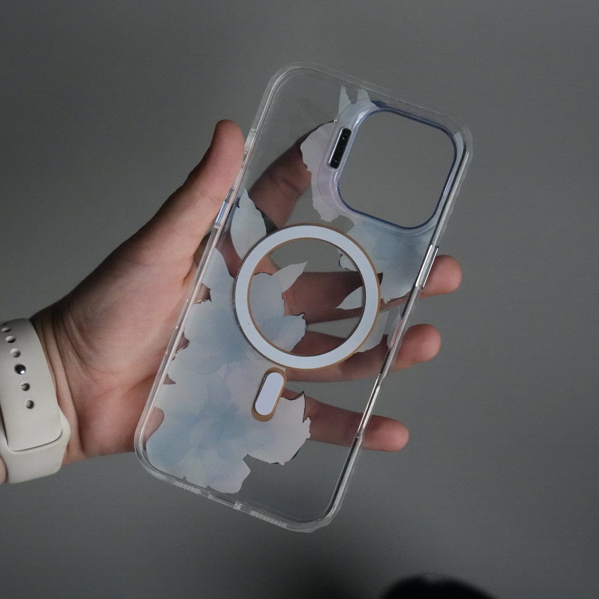 iPhone 15 Pro FloraCrystal Clear Floral Design Case with Color Metal Camera Stand Frame
