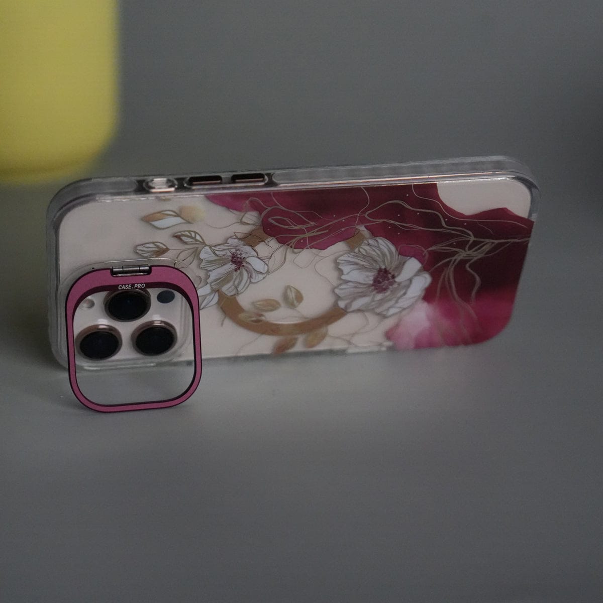 iPhone 16 Pro FloraCrystal Clear Floral Design Case with Color Metal Camera Stand Frame