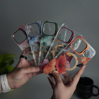 iPhone 15 Pro FloraCrystal Clear Floral Design Case with Color Metal Camera Stand Frame
