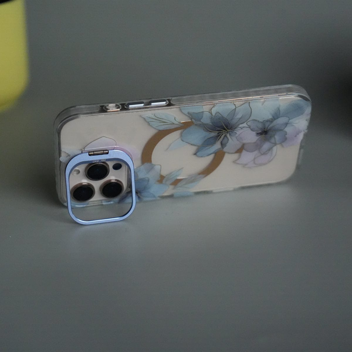 iPhone 15 Pro FloraCrystal Clear Floral Design Case with Color Metal Camera Stand Frame