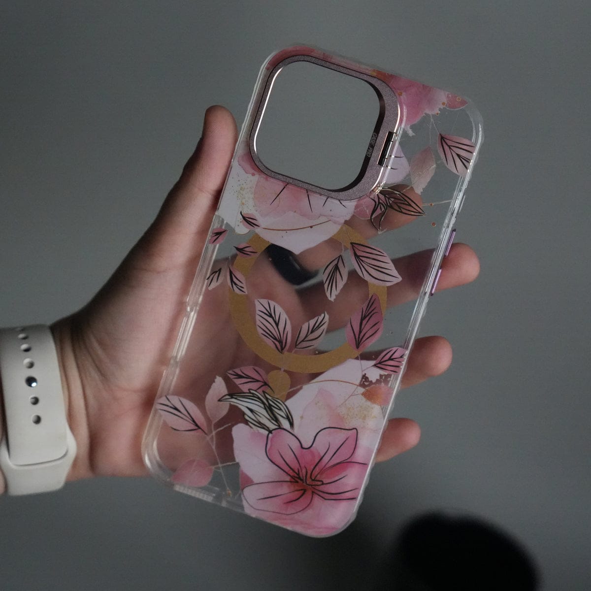 iPhone 16 Pro Max FloraCrystal Clear Floral Design Case with Color Metal Camera Stand Frame