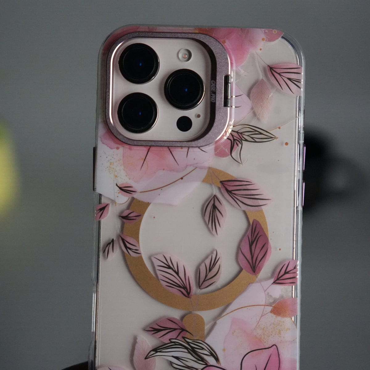 iPhone 16 Pro Max FloraCrystal Clear Floral Design Case with Color Metal Camera Stand Frame