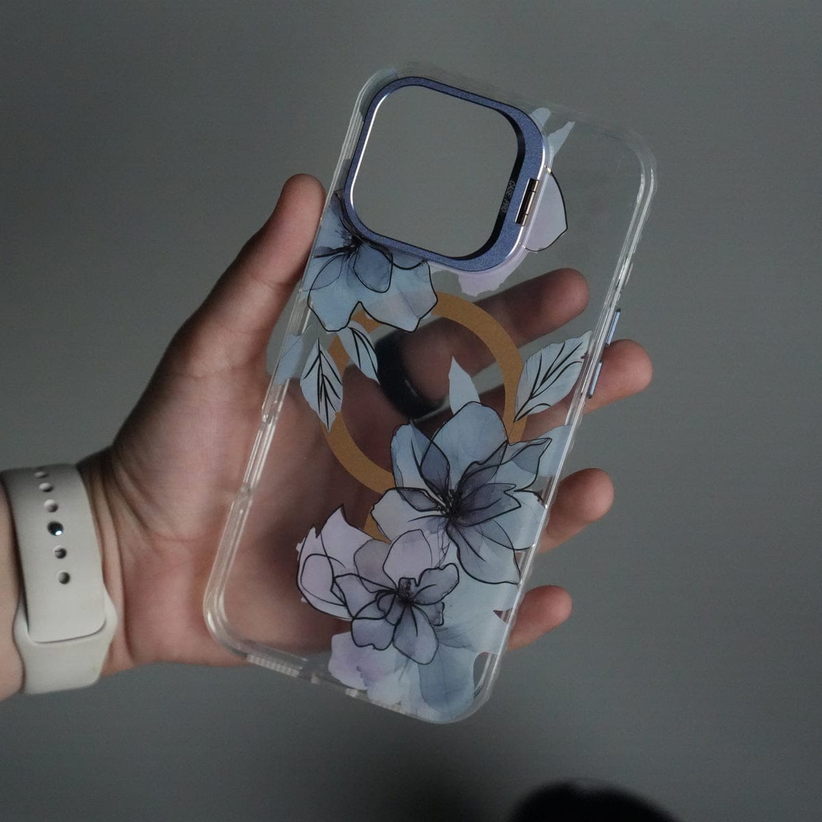 iPhone 15 Pro Max FloraCrystal Clear Floral Design Case with Color Metal Camera Stand Frame