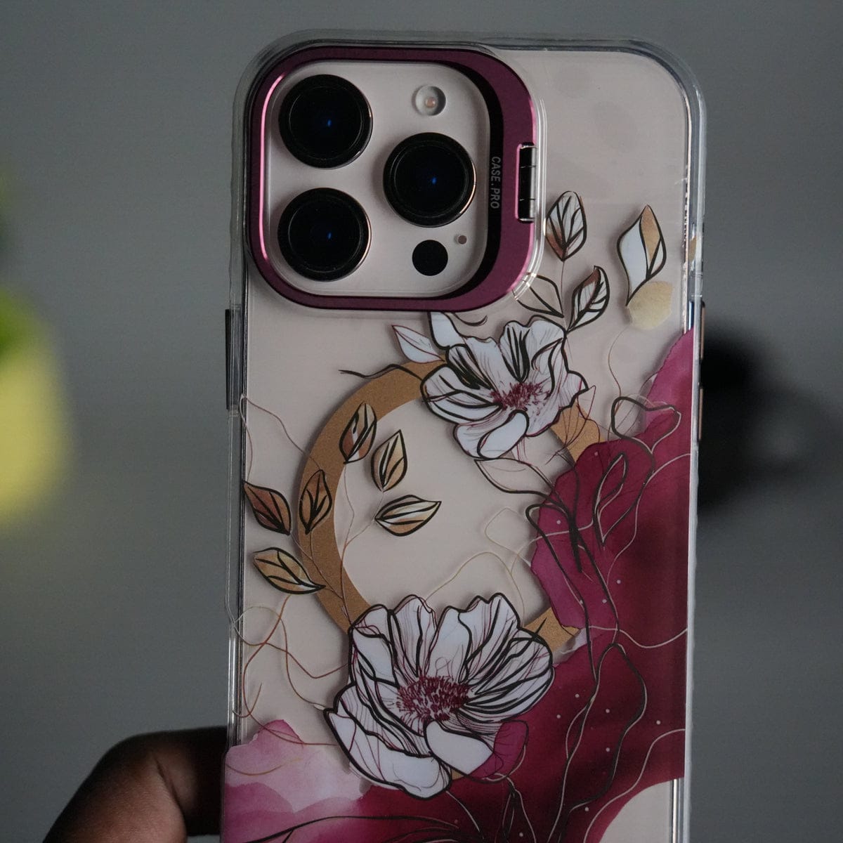 iPhone 16 Pro FloraCrystal Clear Floral Design Case with Color Metal Camera Stand Frame