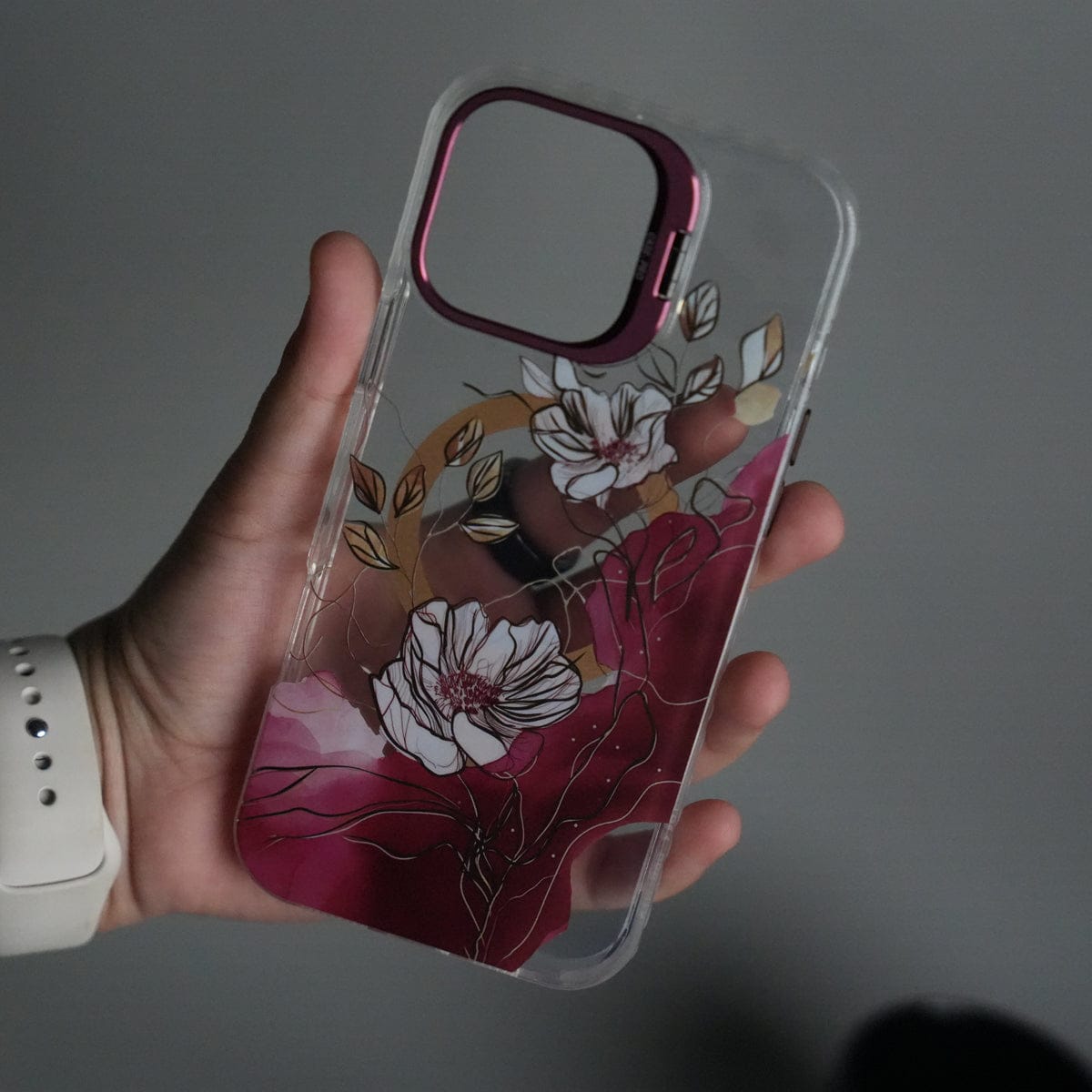 iPhone 15 Pro FloraCrystal Clear Floral Design Case with Color Metal Camera Stand Frame