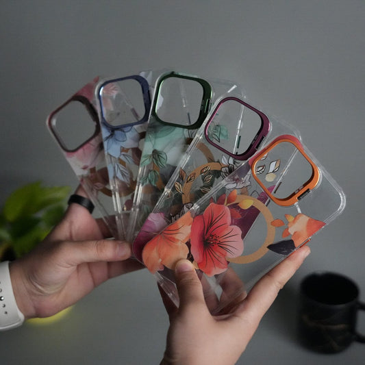 iPhone 16 Pro Max FloraCrystal Clear Floral Design Case with Color Metal Camera Stand Frame