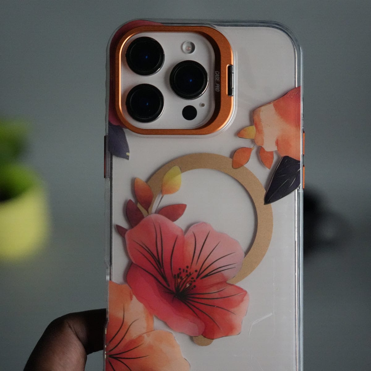 iPhone 16 Pro FloraCrystal Clear Floral Design Case with Color Metal Camera Stand Frame