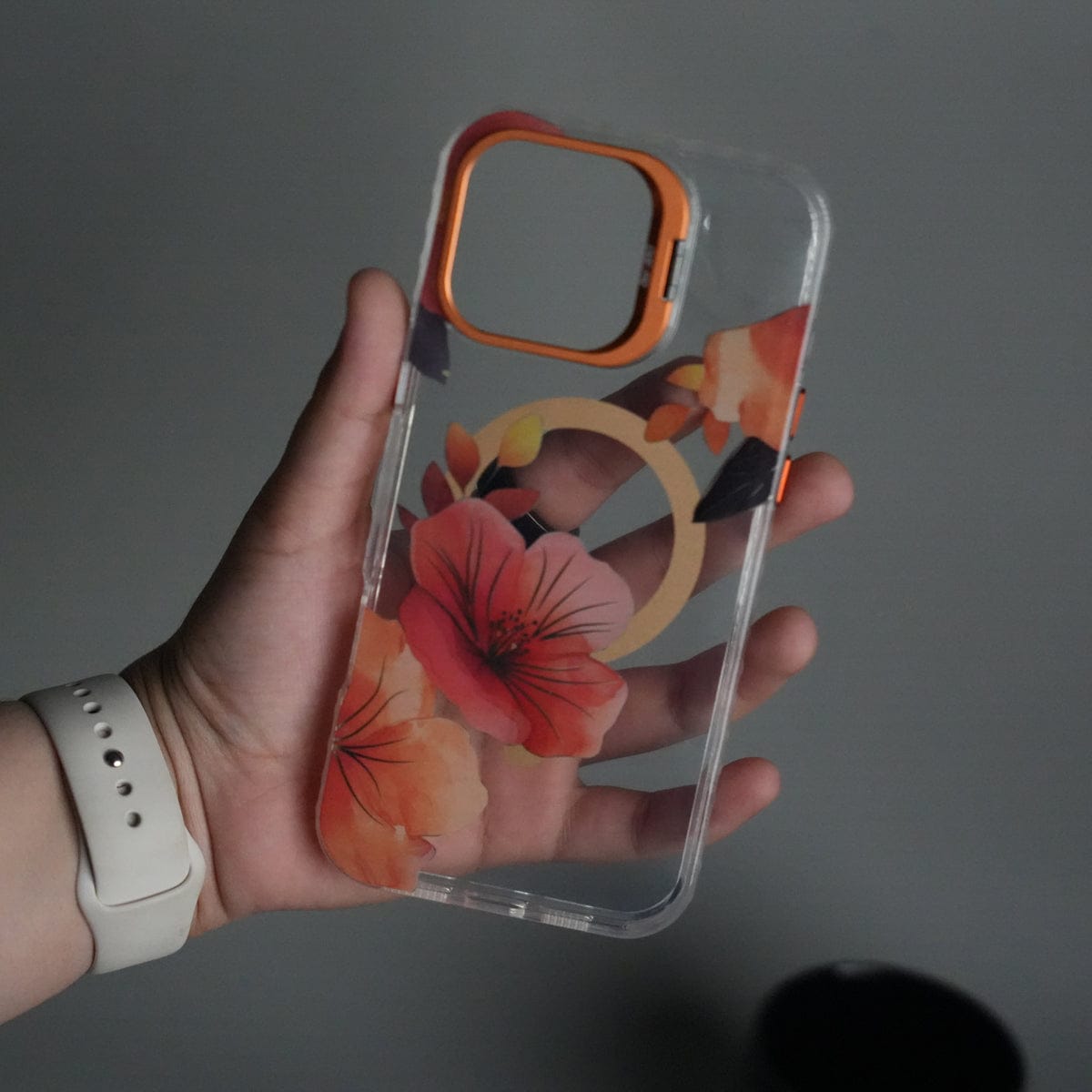 iPhone 16 Pro FloraCrystal Clear Floral Design Case with Color Metal Camera Stand Frame