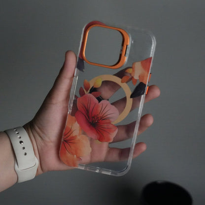 iPhone 16 Pro FloraCrystal Clear Floral Design Case with Color Metal Camera Stand Frame