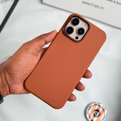 iPhone 16 Pro Max Premium Leather Texture Metal Camera Bump MagSafe Cover Brown