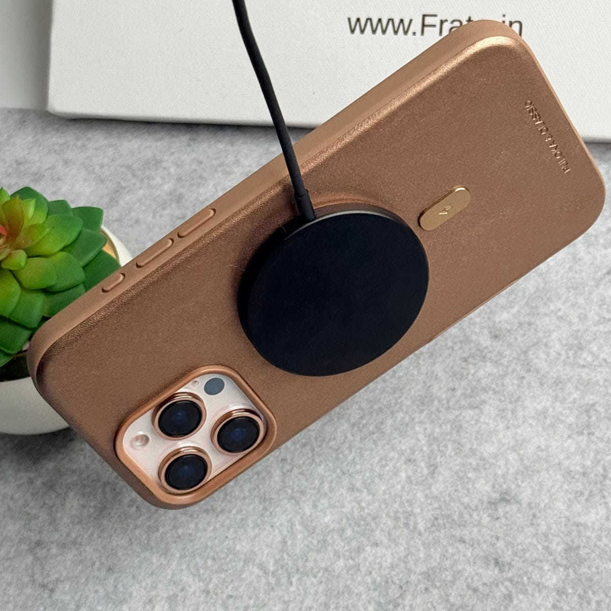 iPhone 16 Pro Max Premium PU Leather Metal MagSafe Ring Case Golden