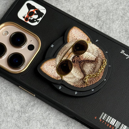 iPhone 16 Series Cool Glasses MagSafe Case Cover with Embroidery Magnetic Bracket Phone Holder