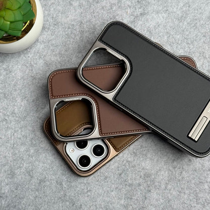 iPhone 16 Series Leather Mate Chrome Plated Kick Stand Case Cover