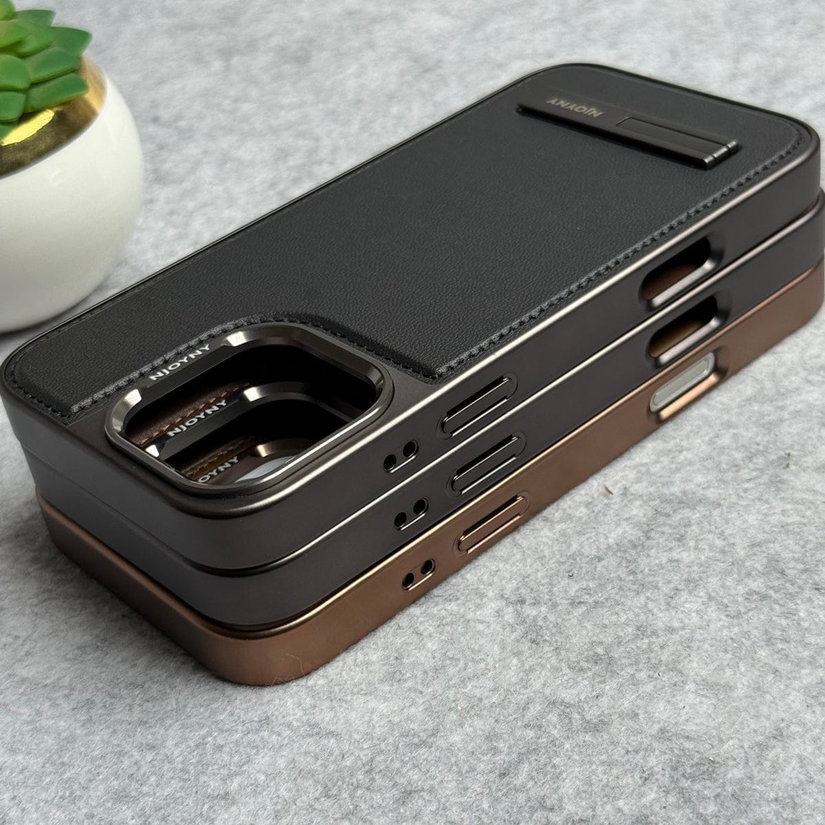 iPhone 16 Series Leather Mate Chrome Plated Kick Stand Case Cover