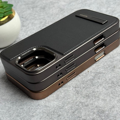iPhone 16 Series Leather Mate Chrome Plated Kick Stand Case Cover