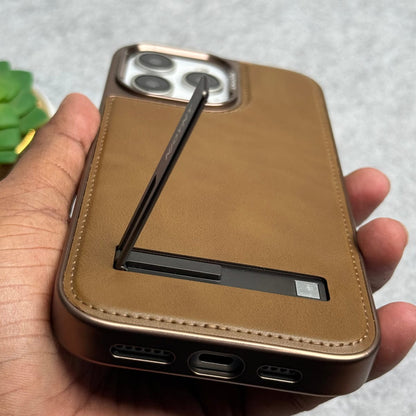iPhone 16 Series Leather Mate Chrome Plated Kick Stand Case Cover