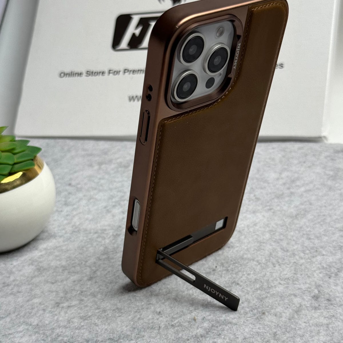 iPhone 16 Series Leather Mate Chrome Plated Kick Stand Case Cover