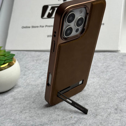iPhone 16 Series Leather Mate Chrome Plated Kick Stand Case Cover