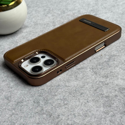 iPhone 16 Series Leather Mate Chrome Plated Kick Stand Case Cover