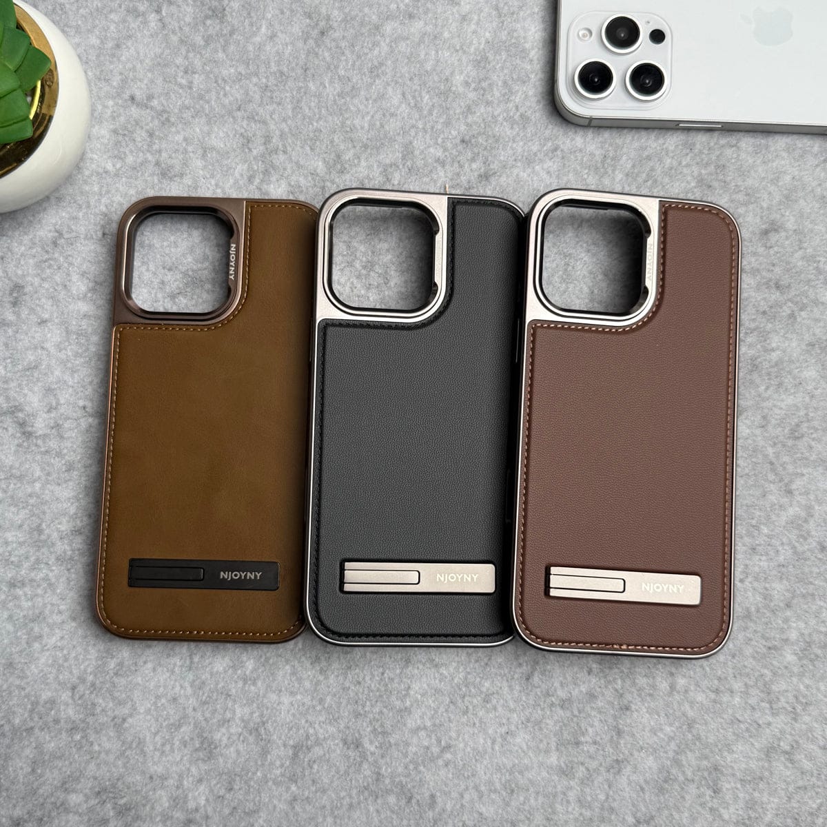 iPhone 16 Series Leather Mate Chrome Plated Kick Stand Case Cover