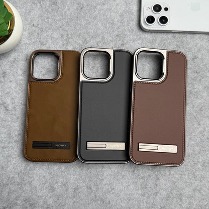 iPhone 16 Series Leather Mate Chrome Plated Kick Stand Case Cover
