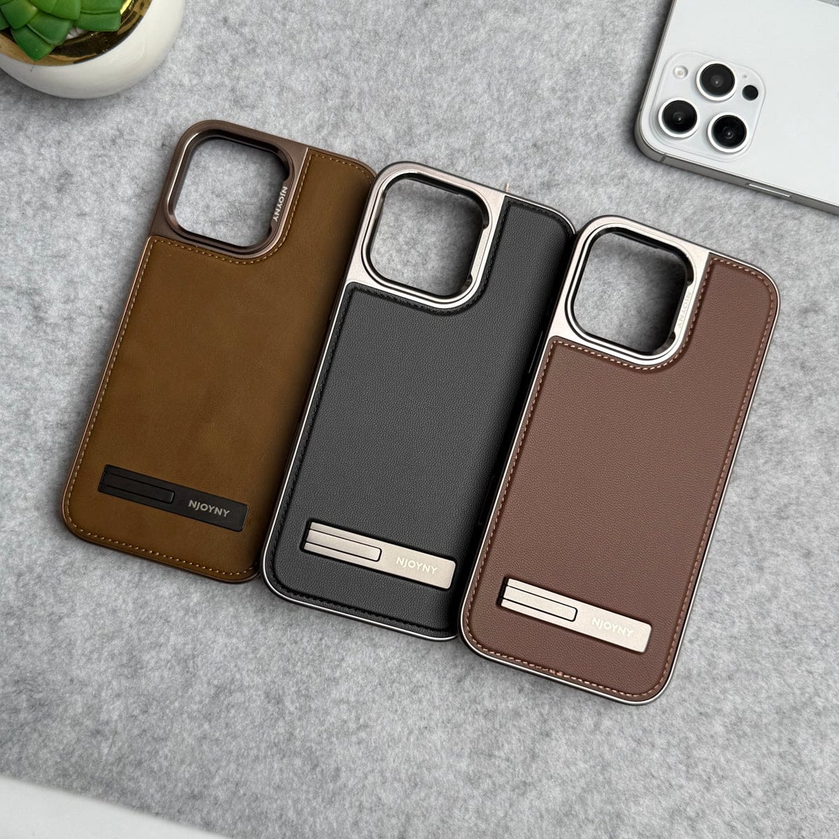 iPhone 16 Series Leather Mate Chrome Plated Kick Stand Case Cover