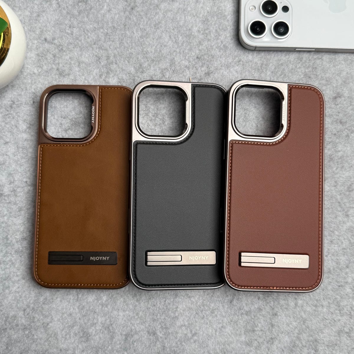 iPhone 16 Series Leather Mate Chrome Plated Kick Stand Case Cover