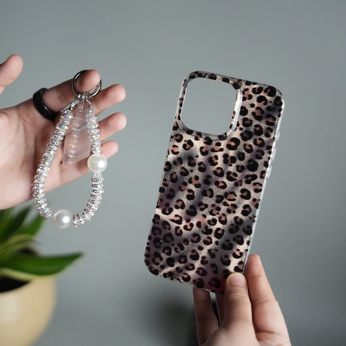 iPhone 16 Series Leopard Print Case with Beaded Wrist Strap | Cute Transparent Designer Cover