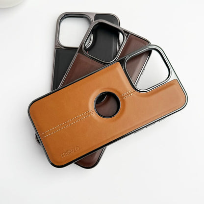 iPhone 16 Series  Logo Cut Chrome Plated PU leather Luxury Case Cover