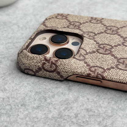 iPhone 15 Series Luxury GG Pattern PU Leather Camera Bump Case
