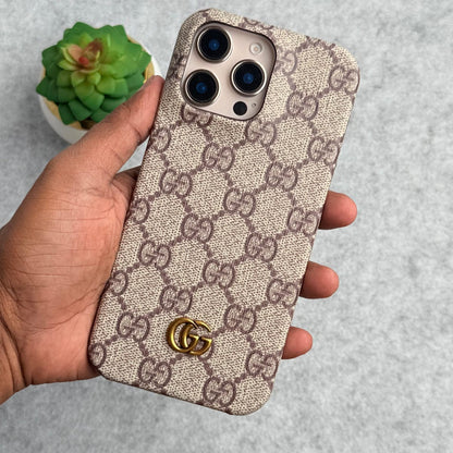 iPhone 15 Series Luxury GG Pattern PU Leather Camera Bump Case