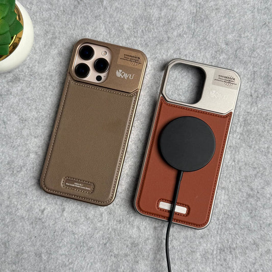 iPhone 16 Series Premium Metallic AeroFLex Aluminium Stitch Leather MagSafe Case