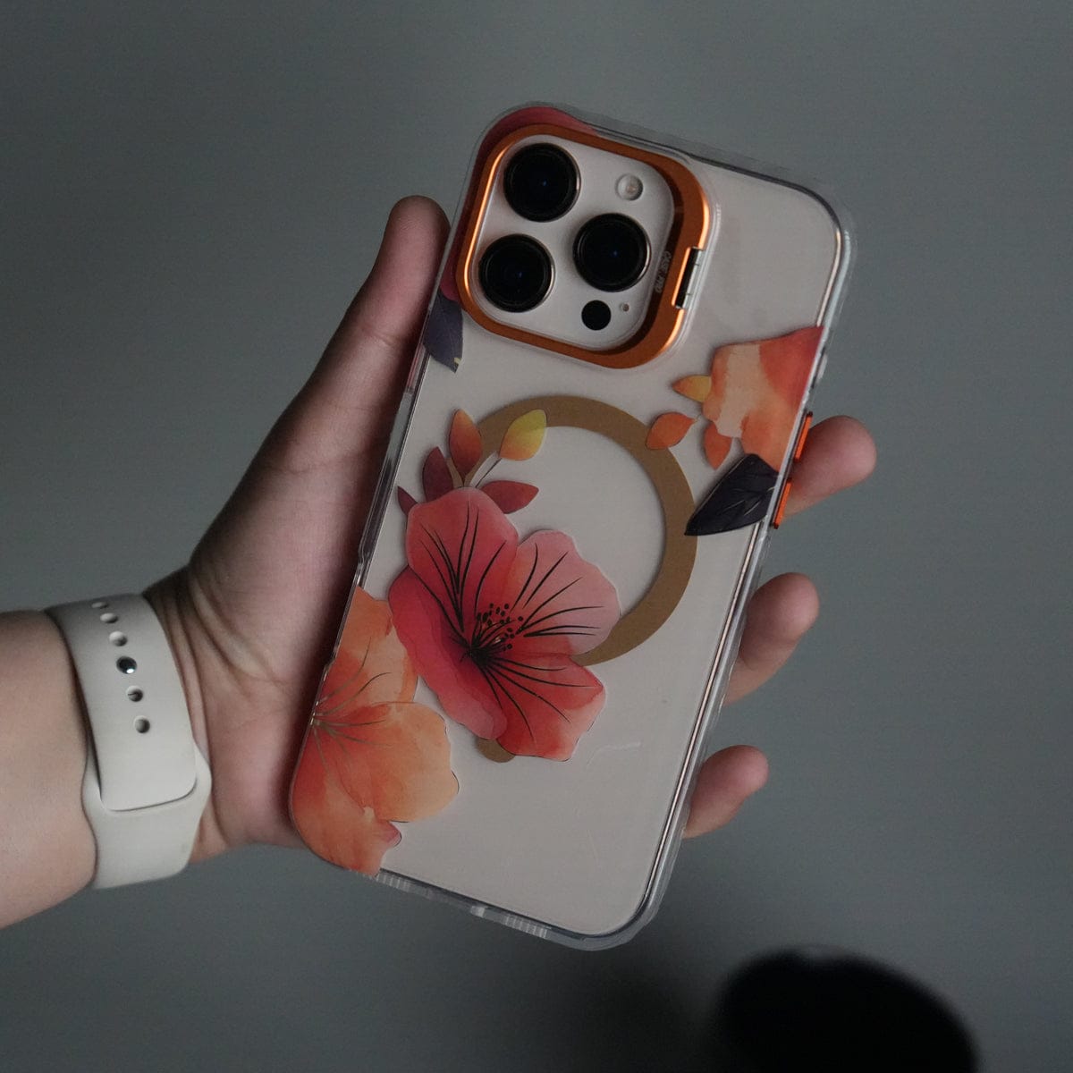iPhone 15 Pro FloraCrystal Clear Floral Design Case with Color Metal Camera Stand Frame