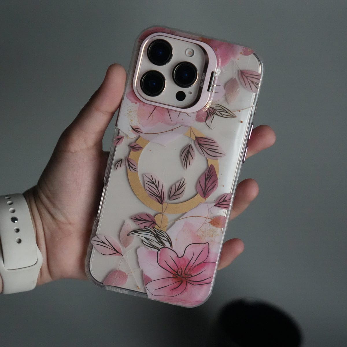 iPhone 16 Pro FloraCrystal Clear Floral Design Case with Color Metal Camera Stand Frame